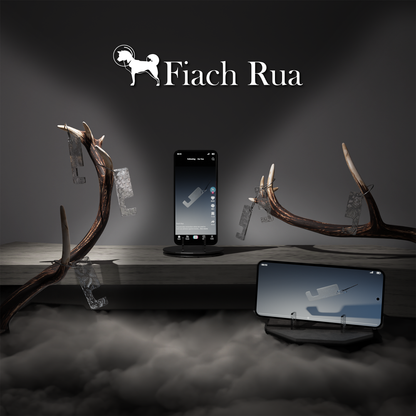 Dynamic photo of the rua phone stand in use and hanging from deer antlers above a carpet of mist. Fiach rua